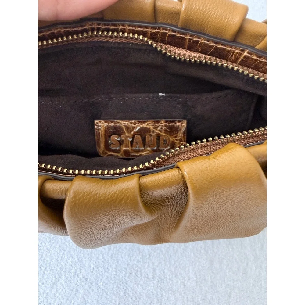 STAUD Bean Bag Clutch Women Small Tan Brown Ruched Leather Pleated NO STRAP